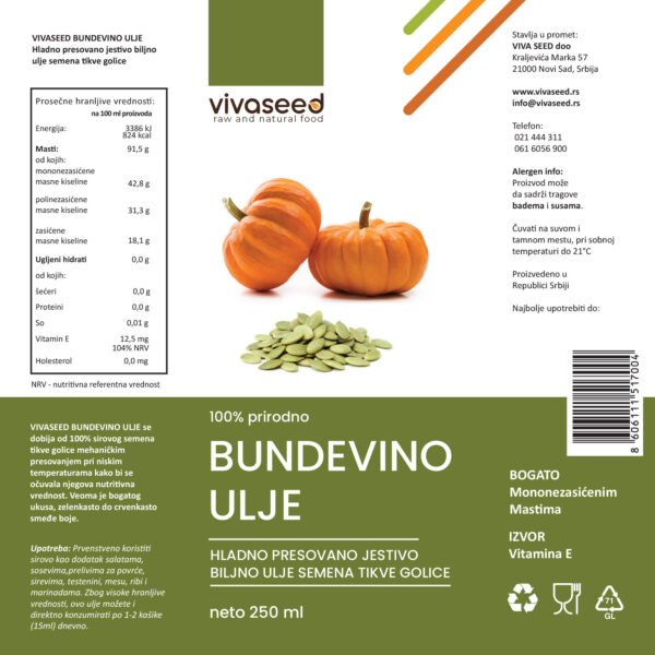 Vivaseed hladno presovano Bundevino ulje 250 ml
